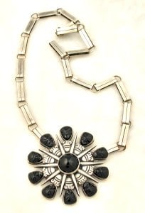 William Spratling Carved Obsidian Aztec Sunburst Necklace