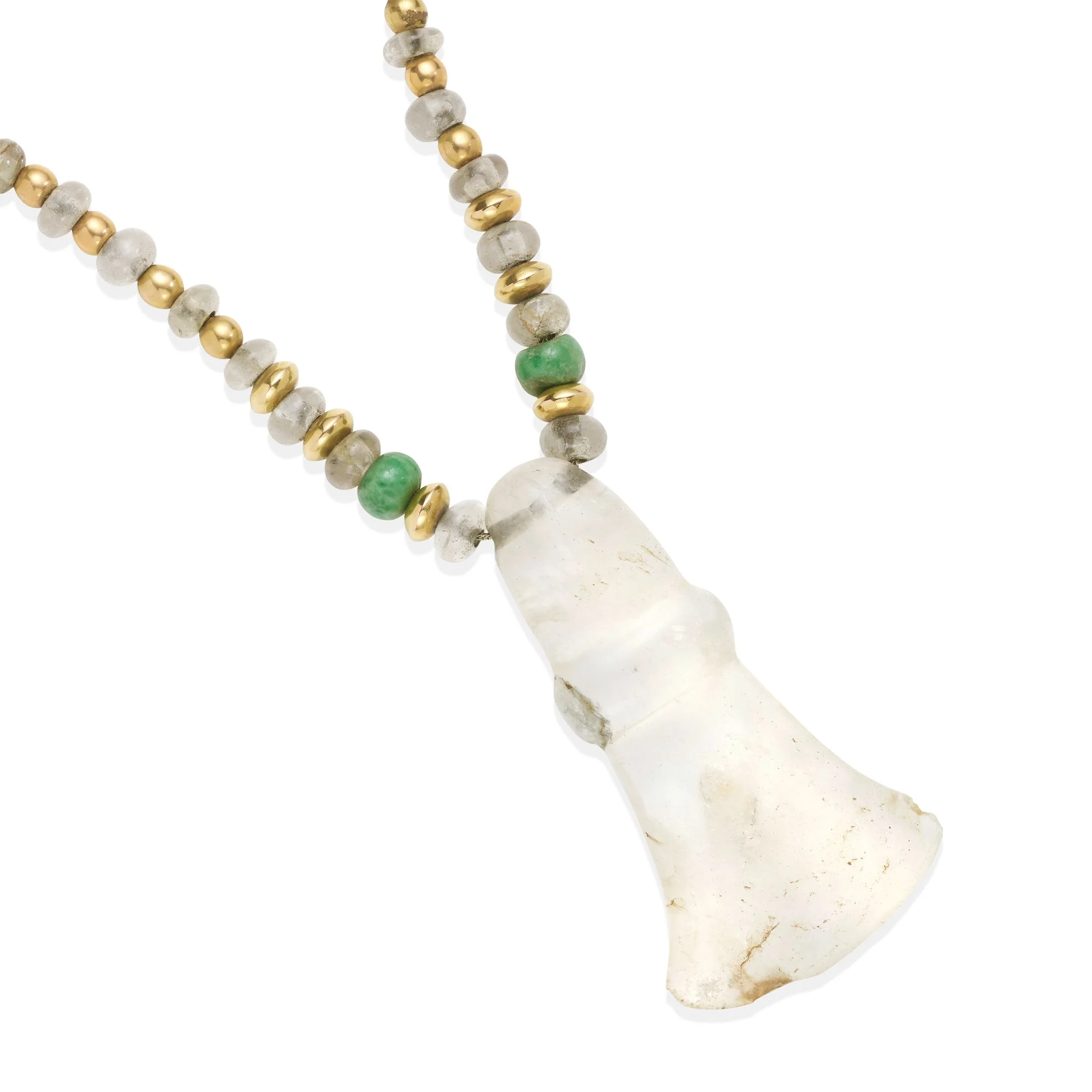 A William Spratling pre-Columbian carved raw crystal, turquoise and gold necklace, Taxco, Mexico, circa 1960-65. One of fourteen Spratling lots in our auction record to clear above $10,000.