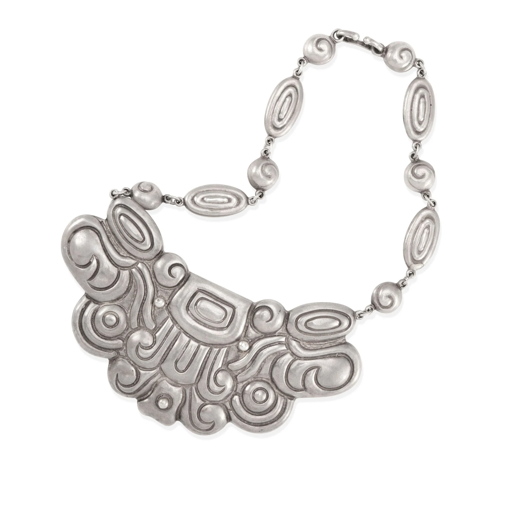 Glyph Necklace, Design No. 152, an early Los Castillo silver necklace attributed to a Margot van Voorhies Carr design from the workshop's founding period