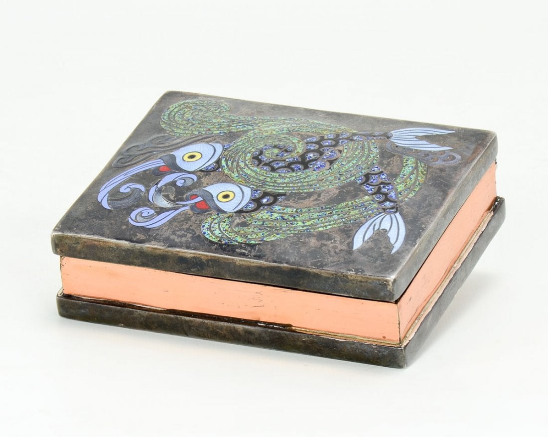 Margot de Taxco Paired-Owl Mixed-Metal Box with Enamel, Design No. 5569