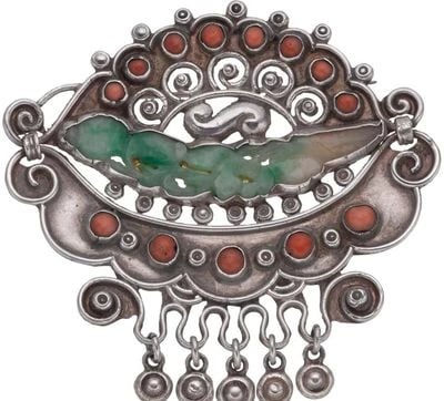 MATL (Matilde Poulat) Jade-Center Scrollwork Brooch with Coral