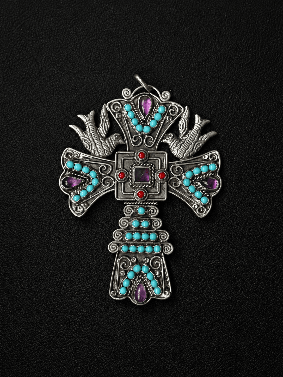 MATL (Matilde Poulat) Dove Cross Pendant with Turquoise, Amethyst, and Coral