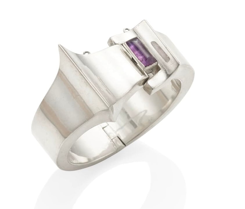 Antonio Pineda Domed Silver Cuff with Amethyst Cabochon in Shadow Box