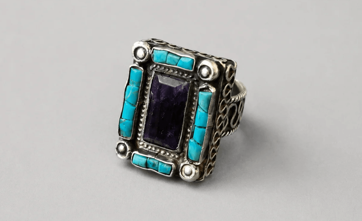 MATL (Matilde Poulat) Rectangular Amethyst Ring with Turquoise Accents