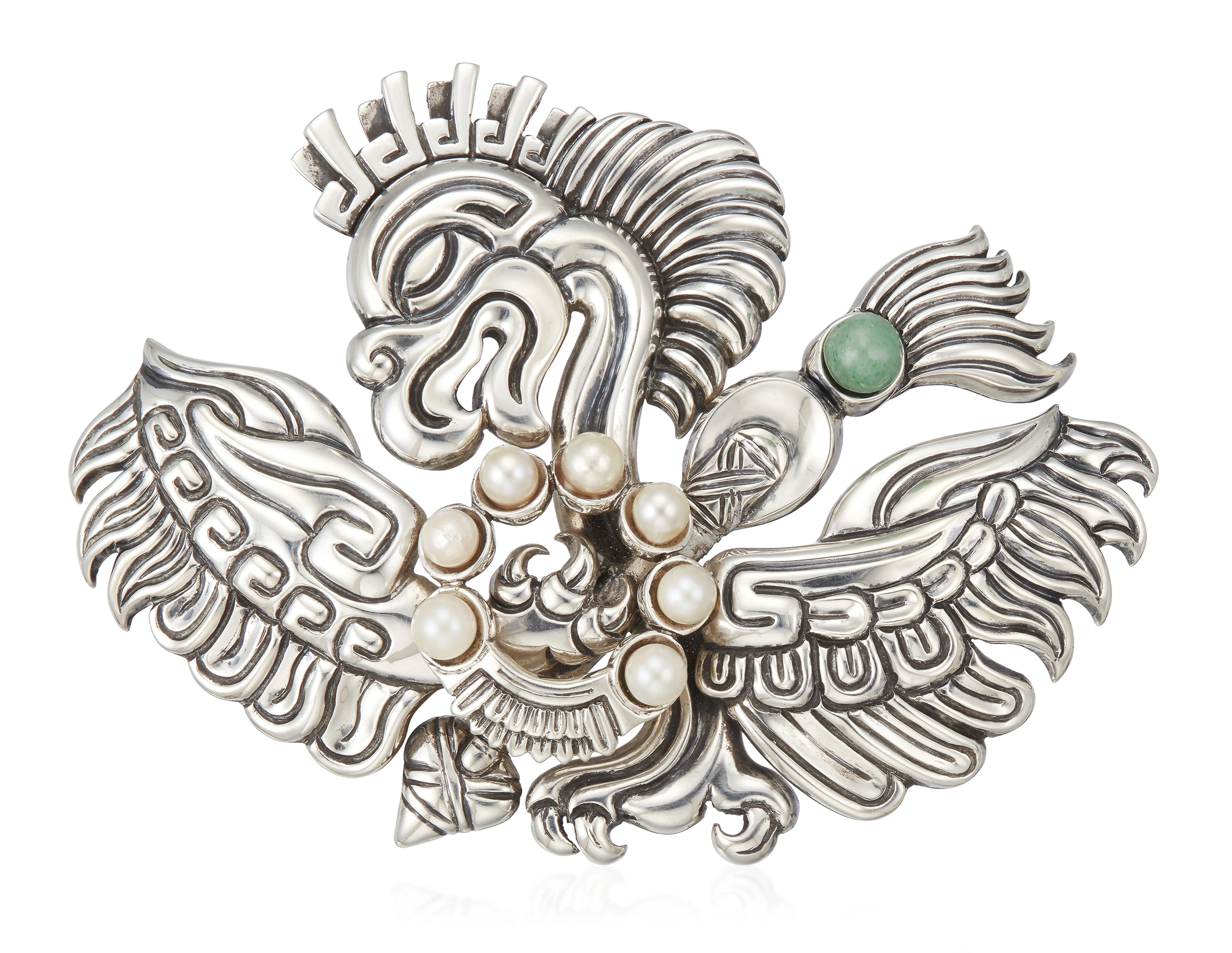 Antonio Pineda Cultured Pearl and Jade Eagle Brooch