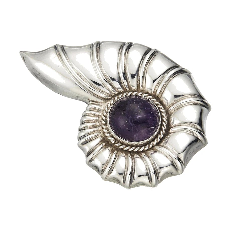 Fred Davis Amethyst and Silver Nautilus Brooch