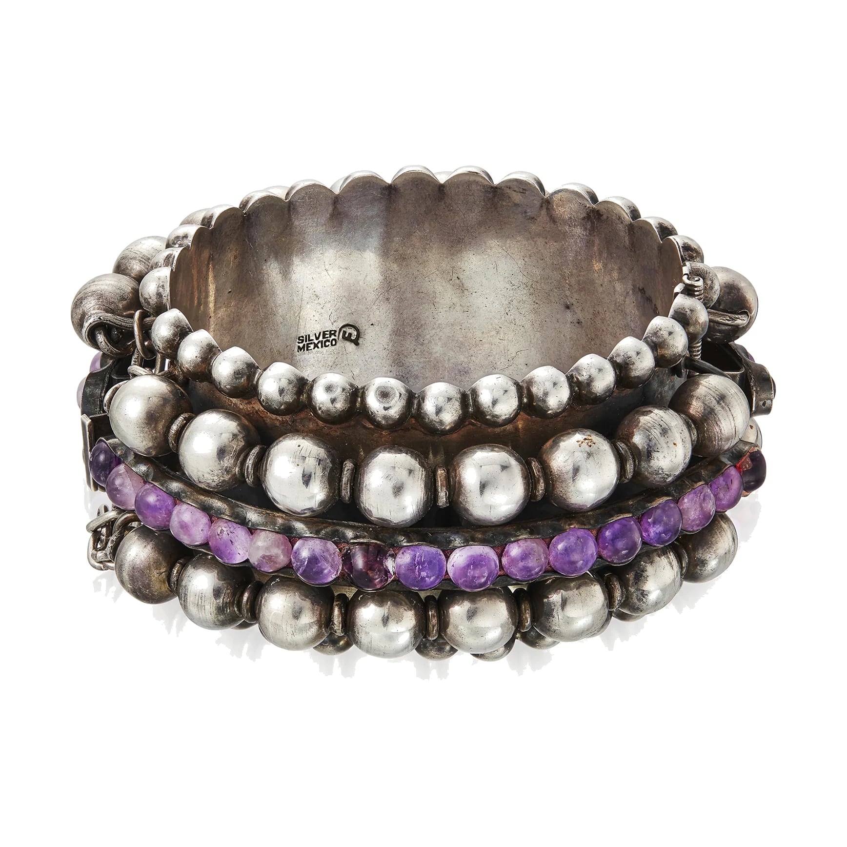 Fred Davis Beaded Amethyst Silver Bangle Bracelet