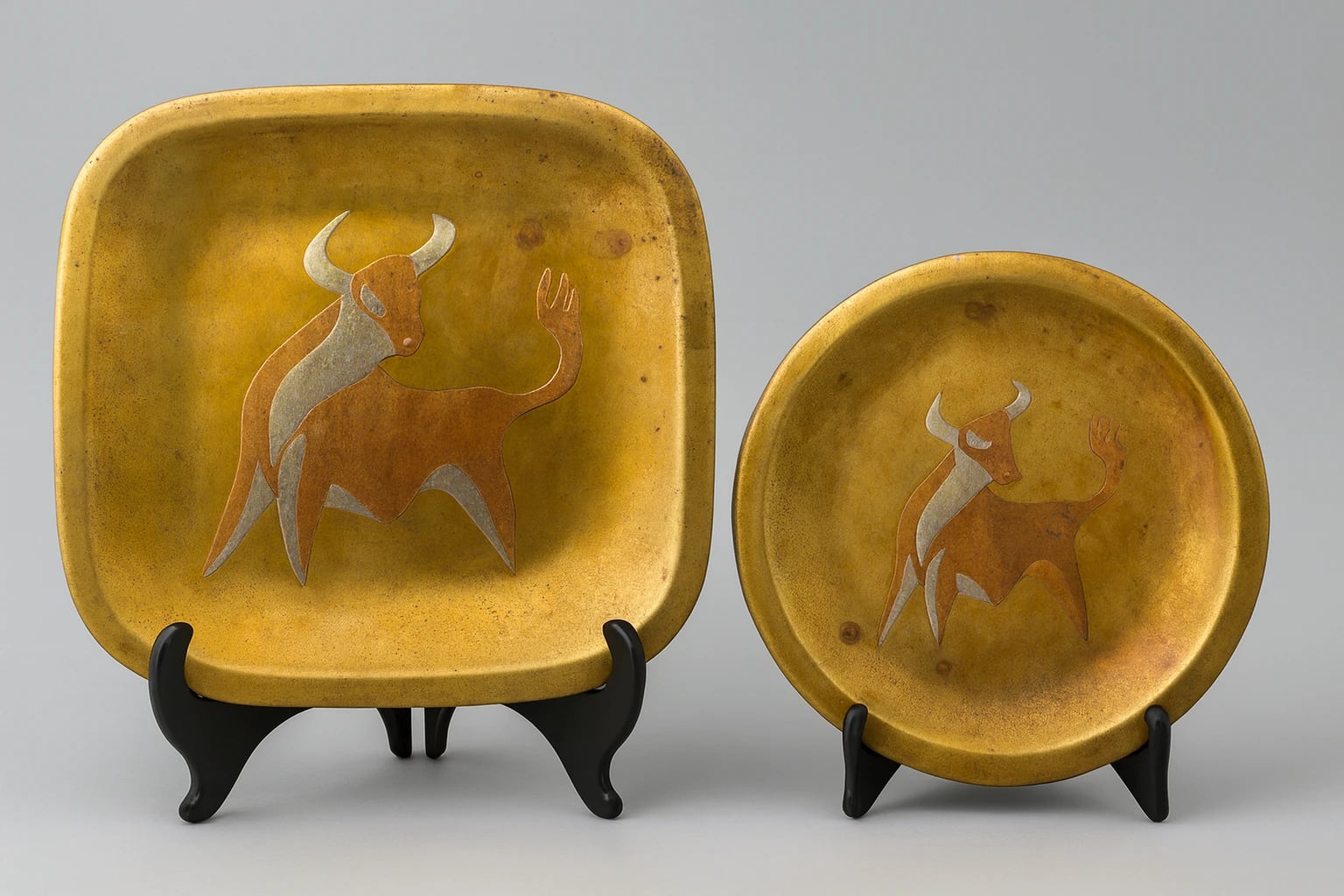 Los Castillo Bullfighting-Motif Mixed-Metal Dish Pair