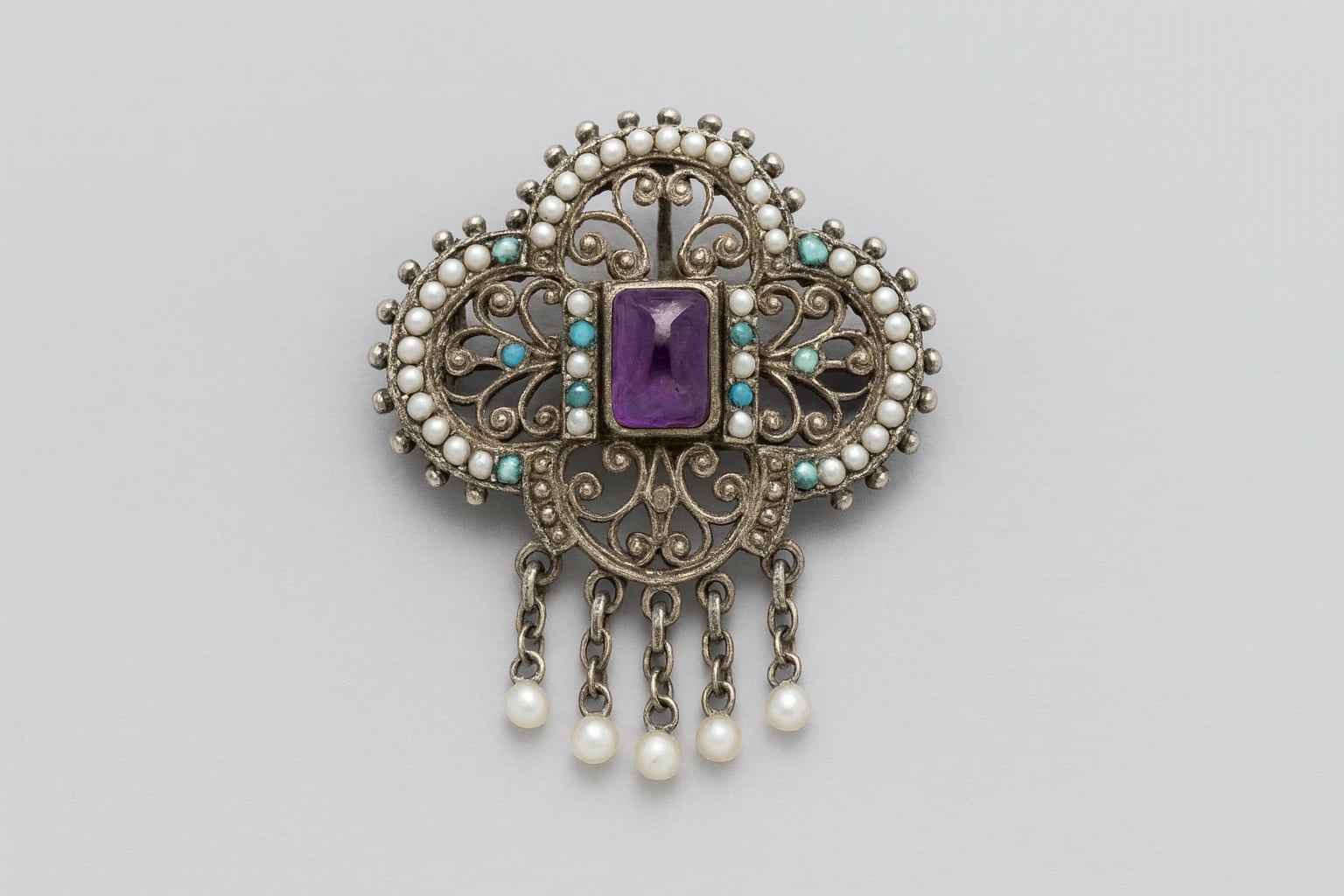 MATL (Matilde Poulat) Scrollwork Brooch with Amethyst and Turquoise
