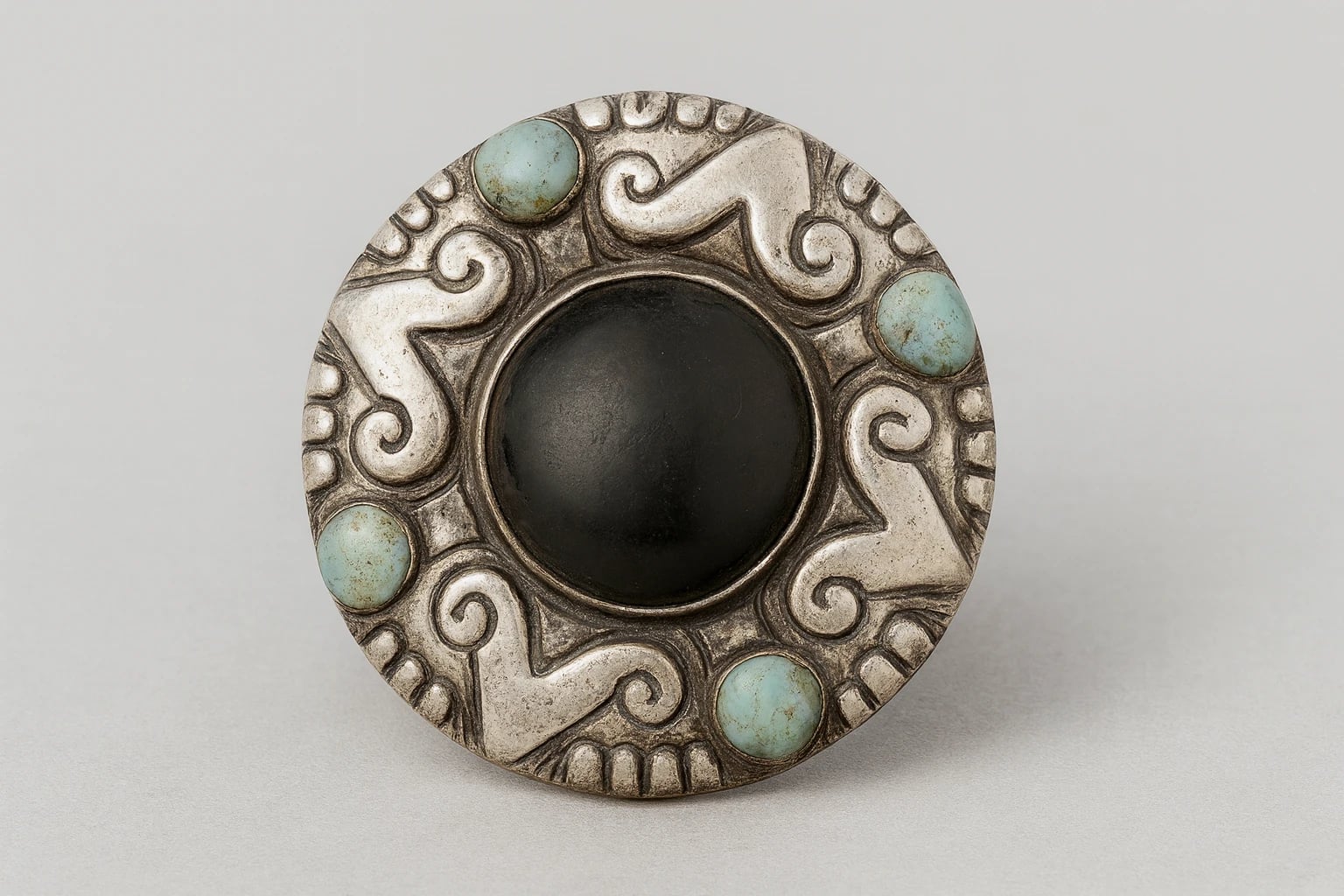 MATL (Matilde Poulat) Circular Onyx Brooch with Turquoise