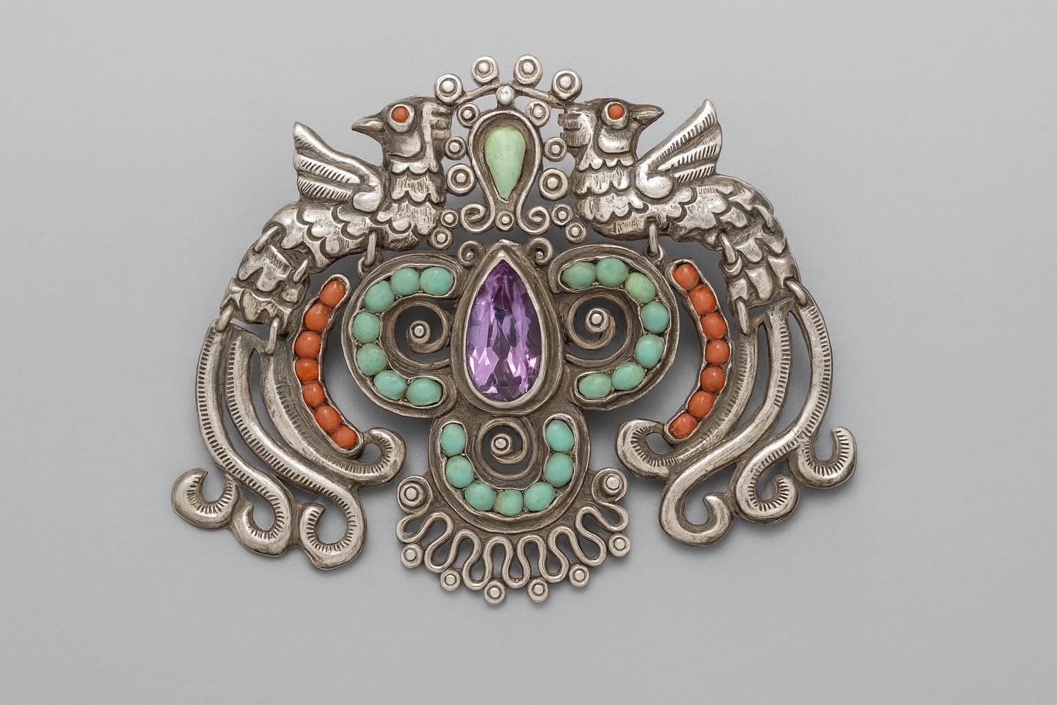 MATL (Matilde Poulat) Bird Brooch with Turquoise and Amethyst