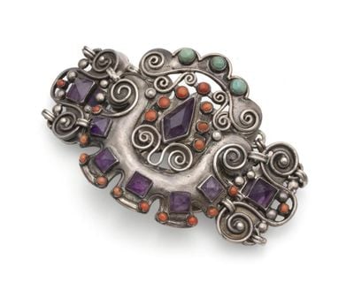 MATL (Matilde Poulat) Scrollwork Link Bracelet with Turquoise and Amethyst