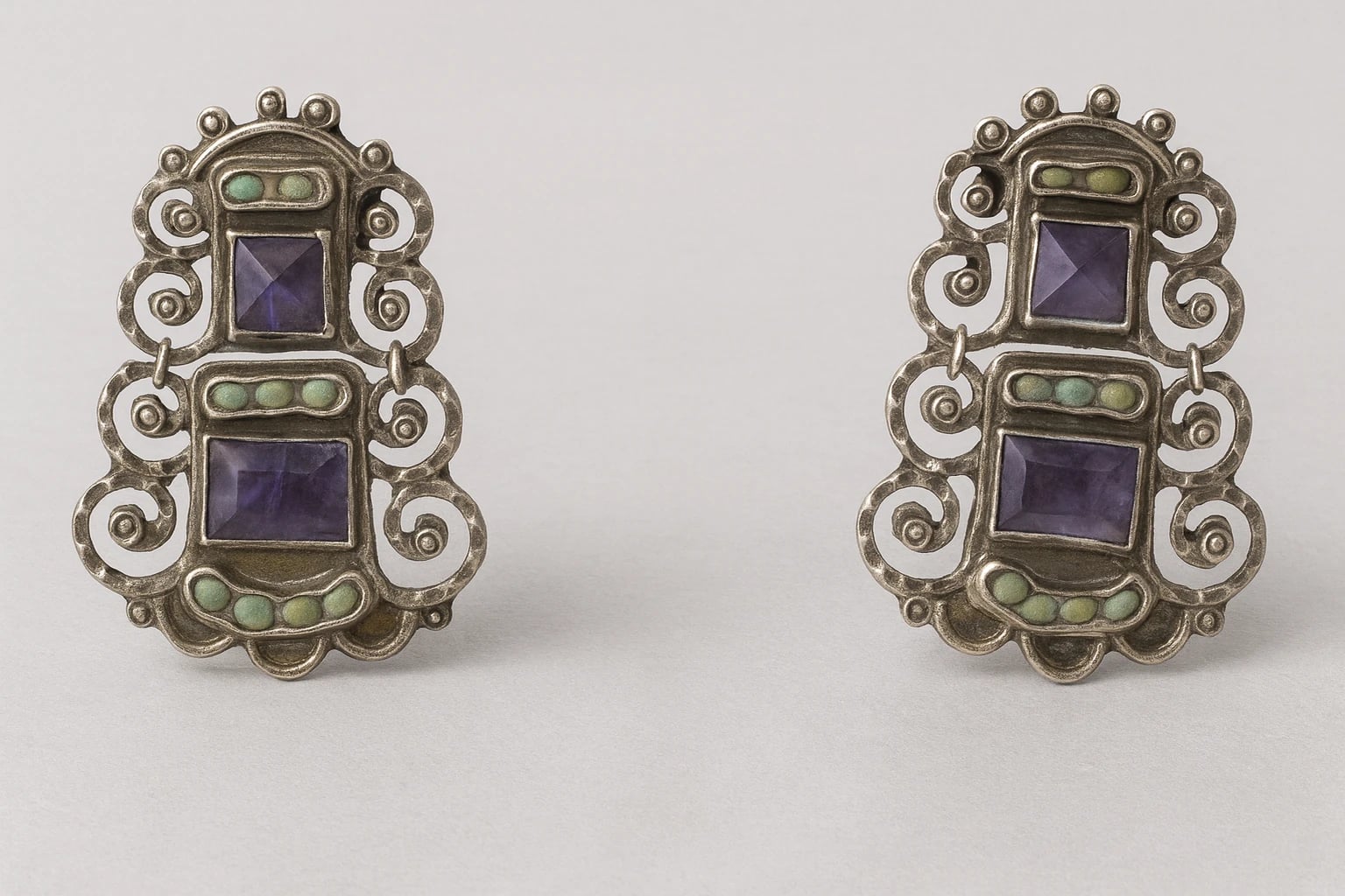MATL (Matilde Poulat) Rectangular Amethyst Scroll Earrings with Turquoise