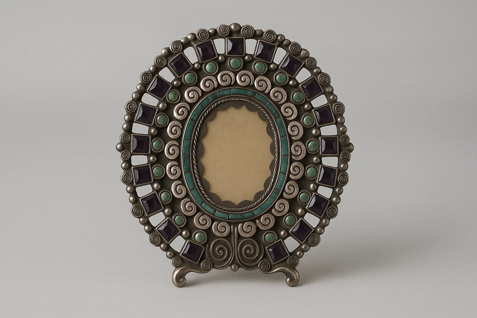 MATL (Matilde Poulat) Oval Spiralwork Picture Frame with Turquoise and Amethyst