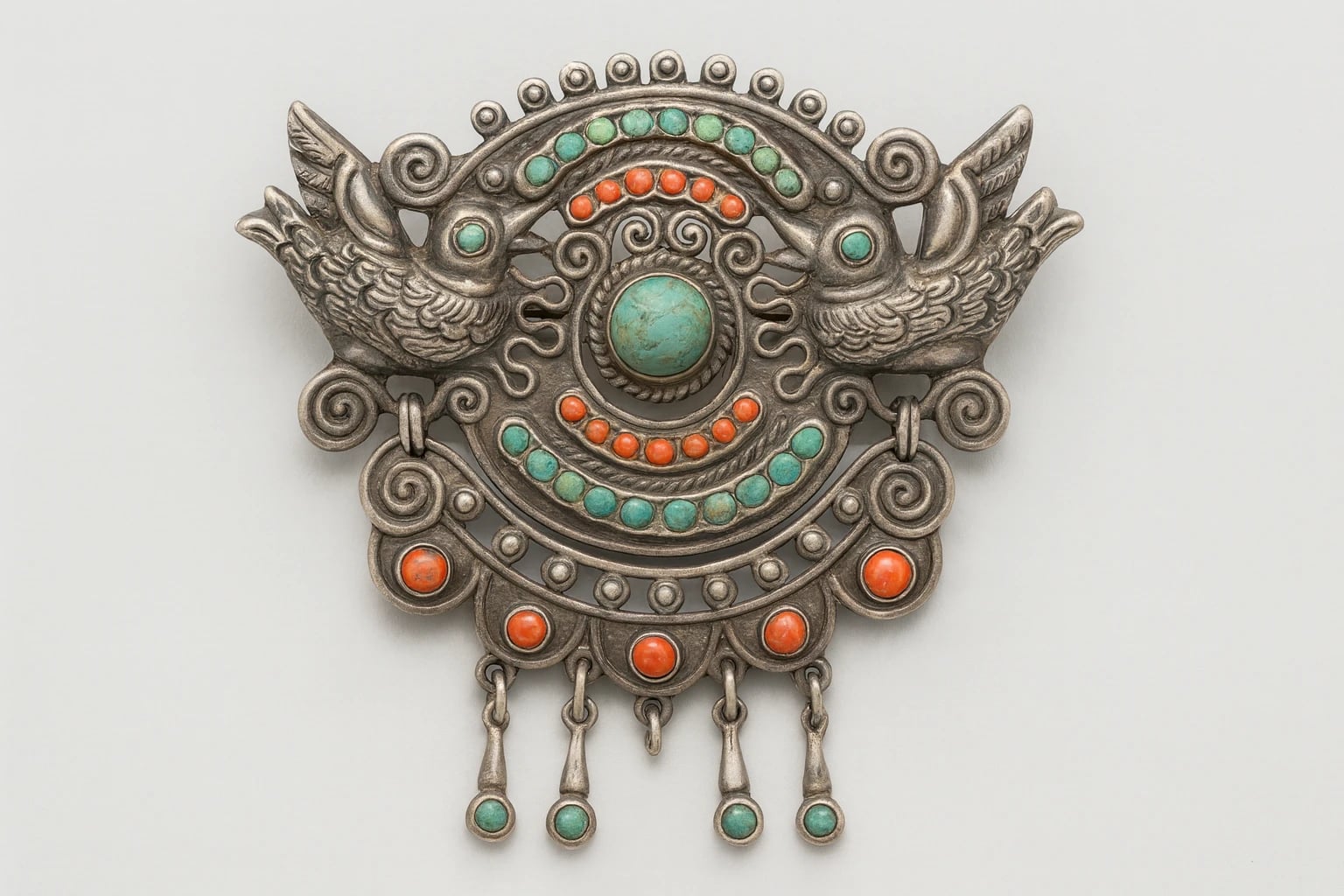 MATL (Matilde Poulat) Paired-Dove Medallion Brooch with Turquoise and Coral