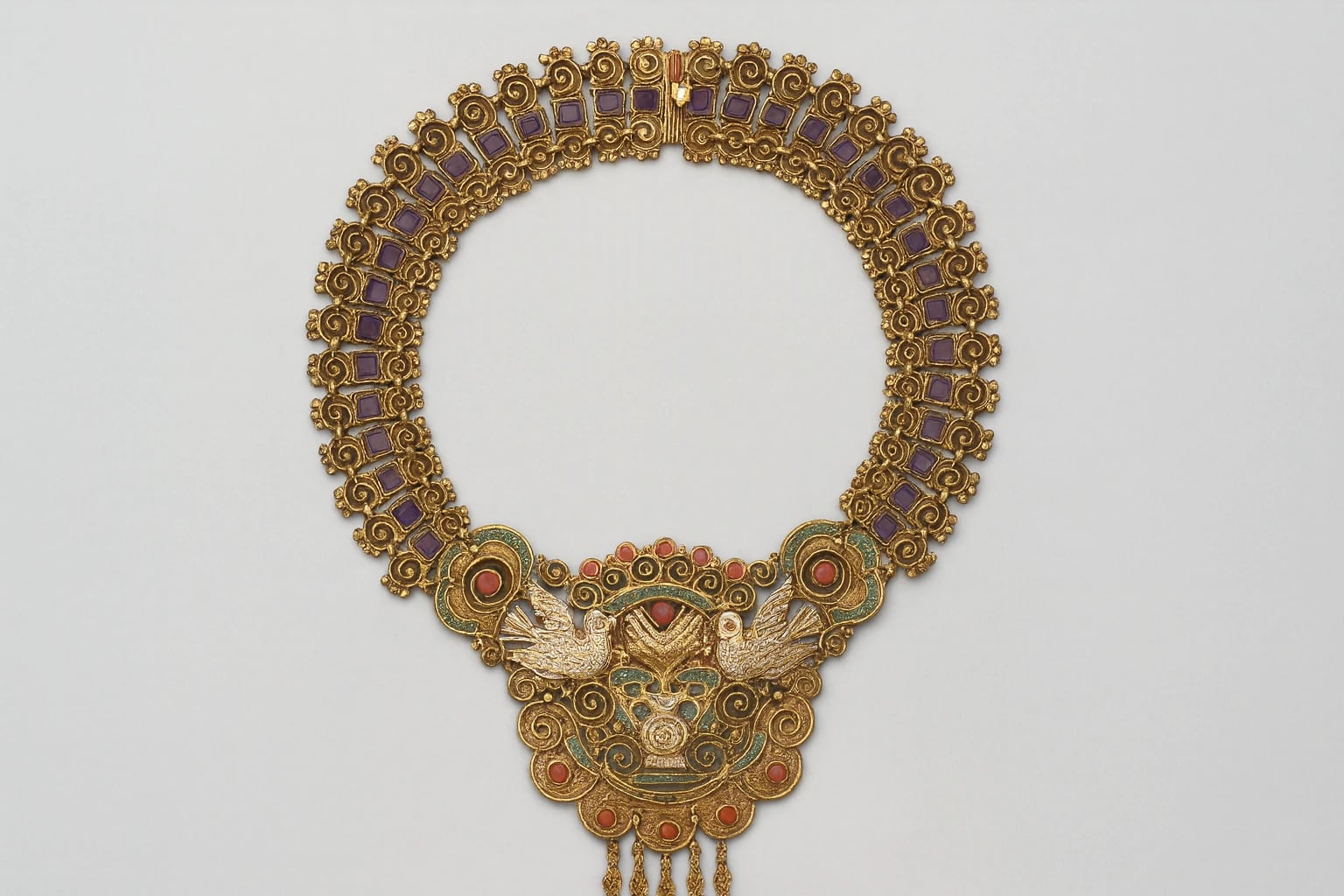 MATL (Matilde Poulat) Mask-Pendant Necklace and Earrings Set with Turquoise and Coral
