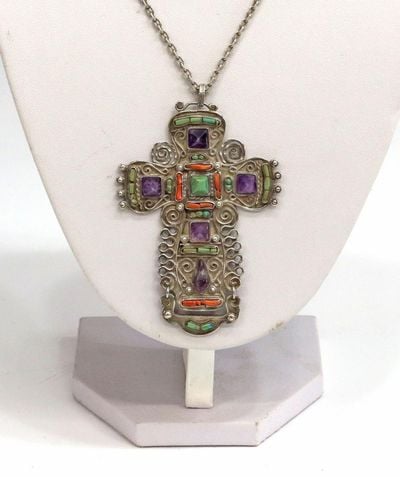 MATL (Matilde Poulat) Cross Pendant with Turquoise, Amethyst, and Coral