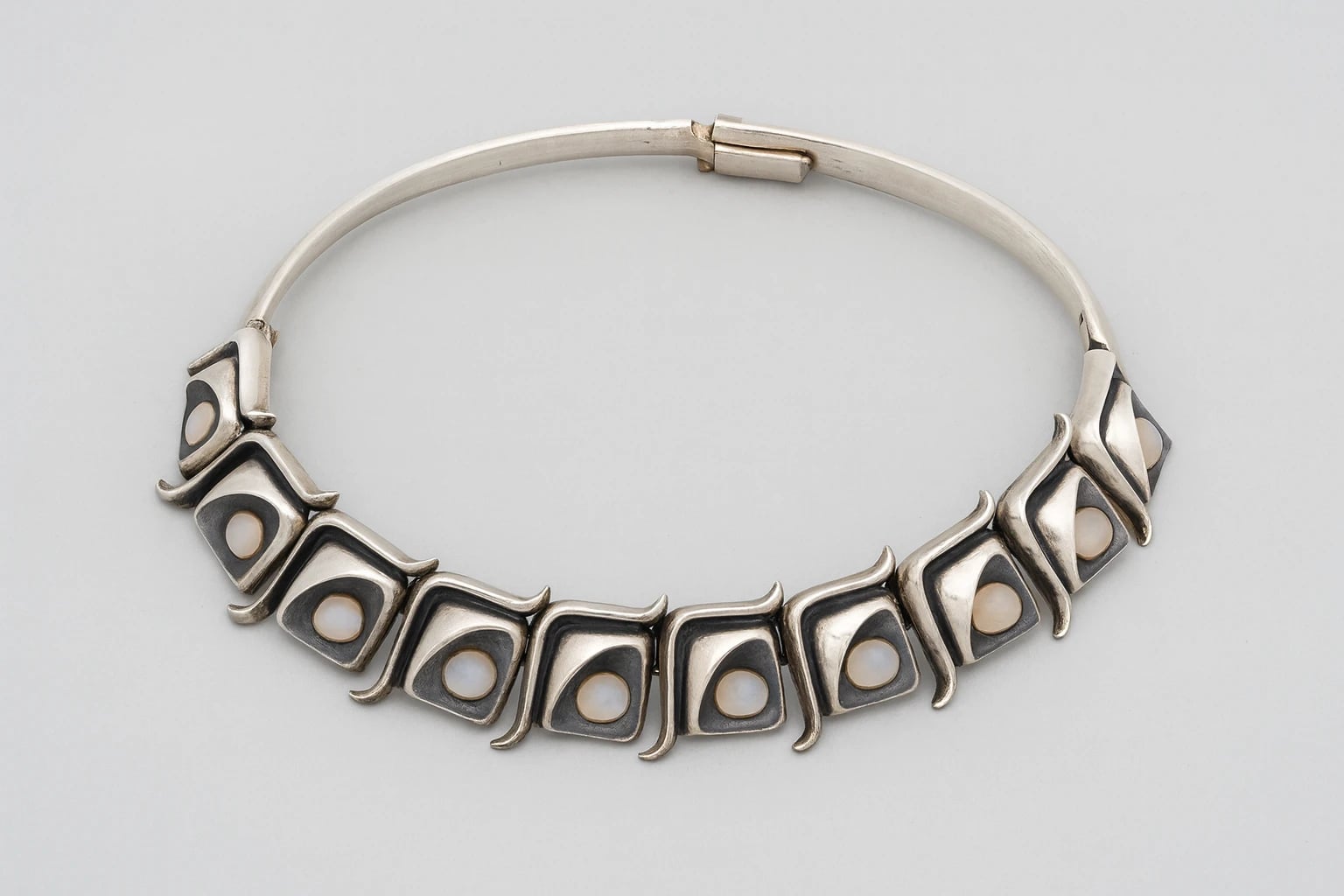 Antonio Pineda Necklace of Asymmetrical Silver Panels with Moonstone Cabochons