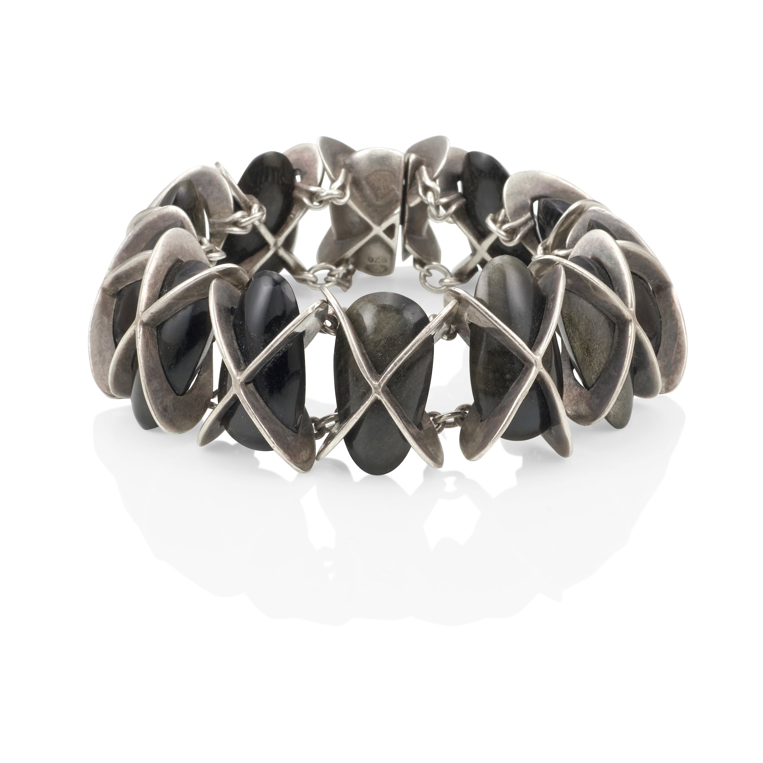 Antonio Pineda Bracelet with Obsidian Eggs in Intersecting Silver Discs