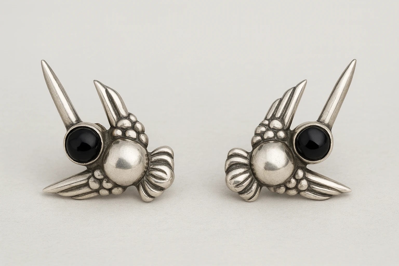 William Spratling Hummingbird Earrings Set with Obsidian Cabachons